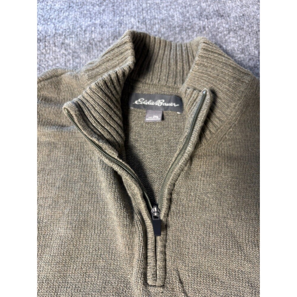 Eddie Bauer Sweater Mens 2 XL Green Cotton Knit Long Sleeve 1/4 Zip Pull Over - Picture 4 of 6